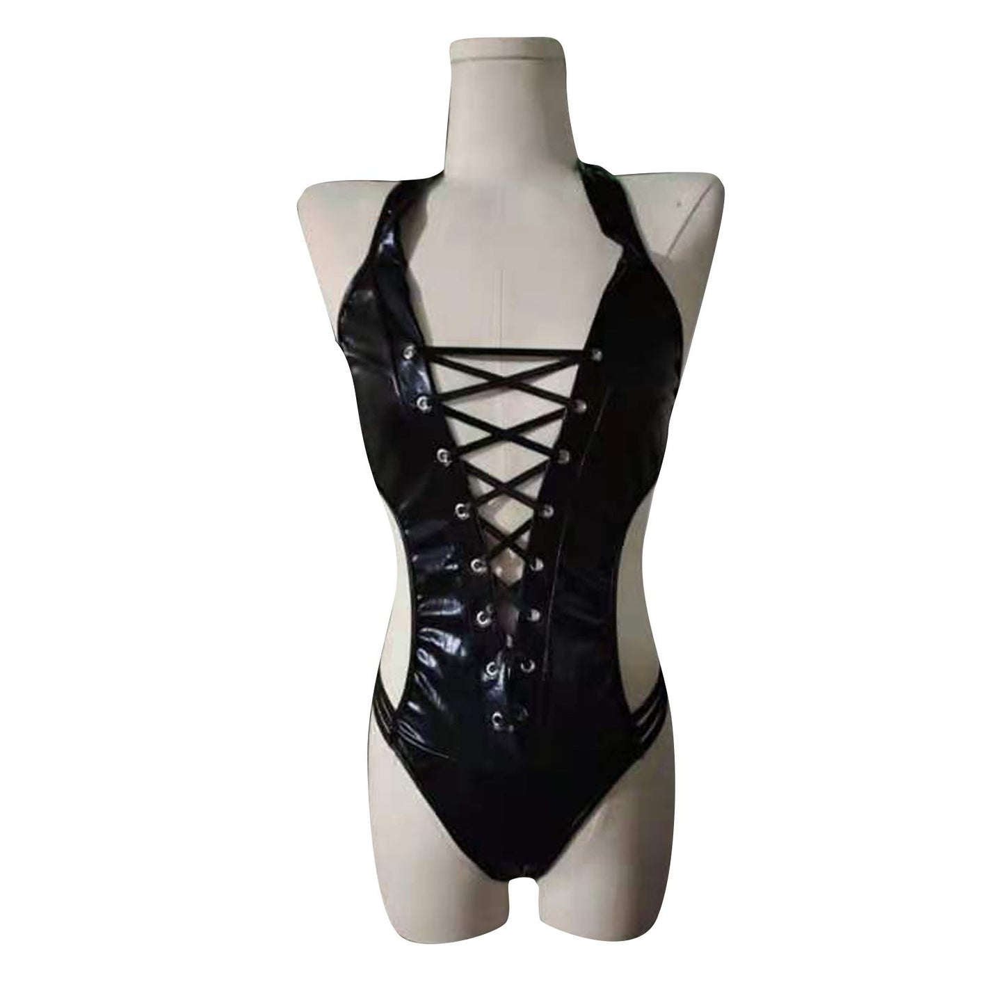 Sexy Patent Leather Backless Deep V Plunge Plunge Tied Jumpsuit