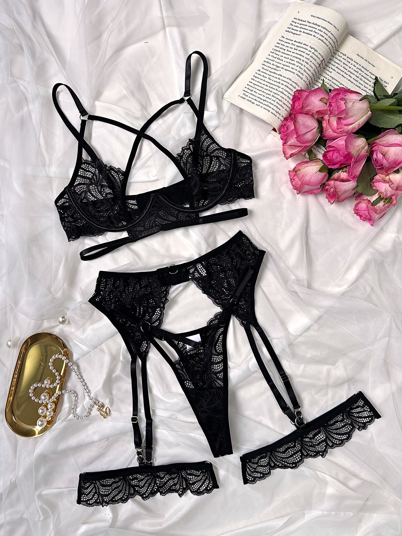 Bra Sexy Lace Steel Ring Push up Cross Ribbon Hollow Out Cutout Sexy Lingerie Four Piece Set