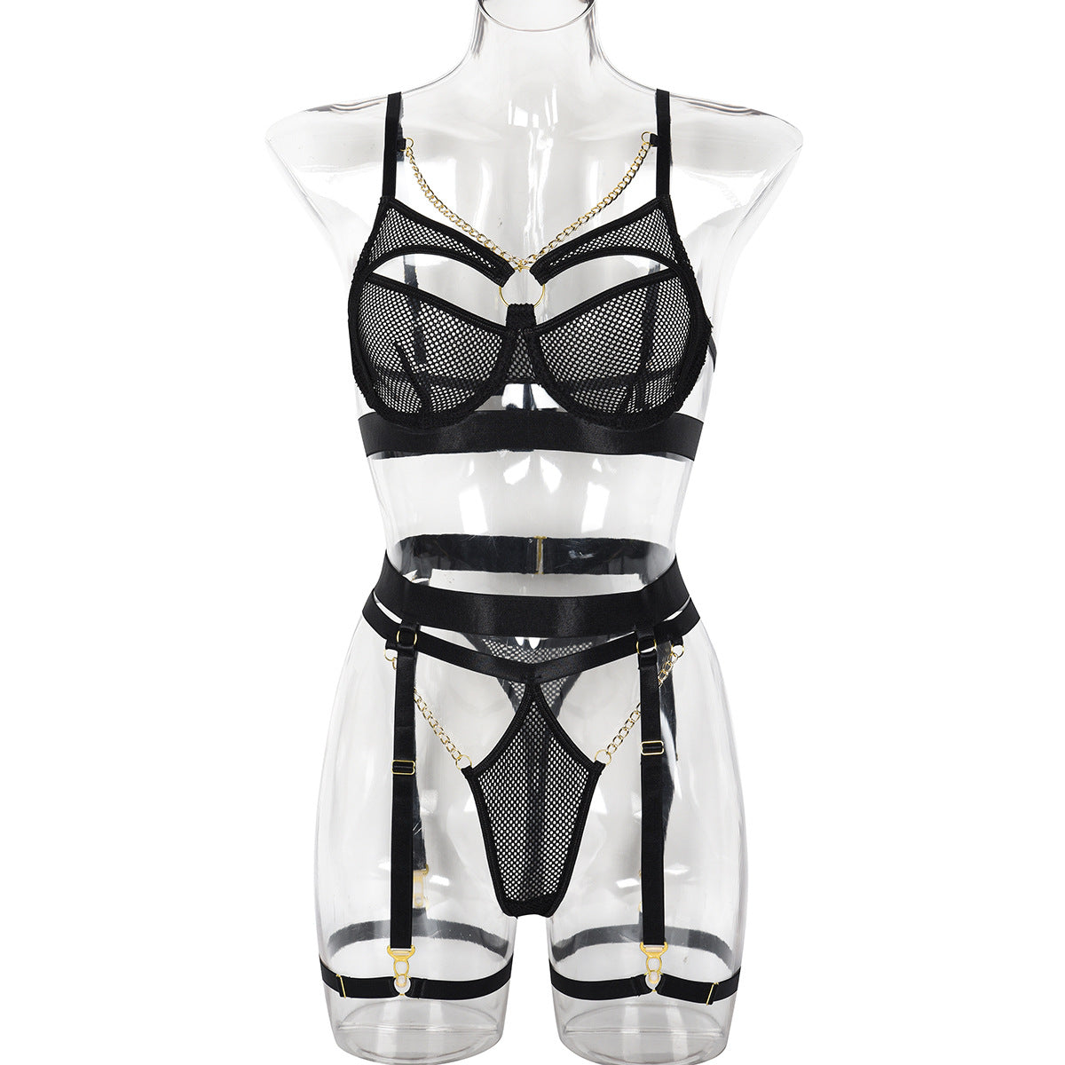 Best Women Clothes Push up Underwear Metal Decorative Wire Mesh Hole Hollow Out Cutout Sexy Three Piece Set