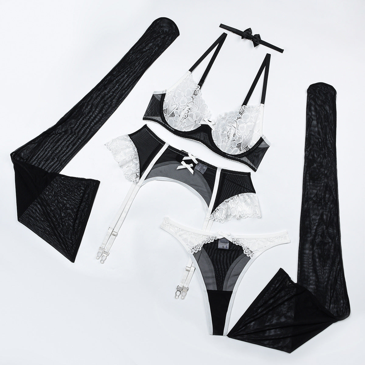 Sexy Bra Set Lace Mesh Patchwork Contrast Color Sexy Lingerie Five Piece Set