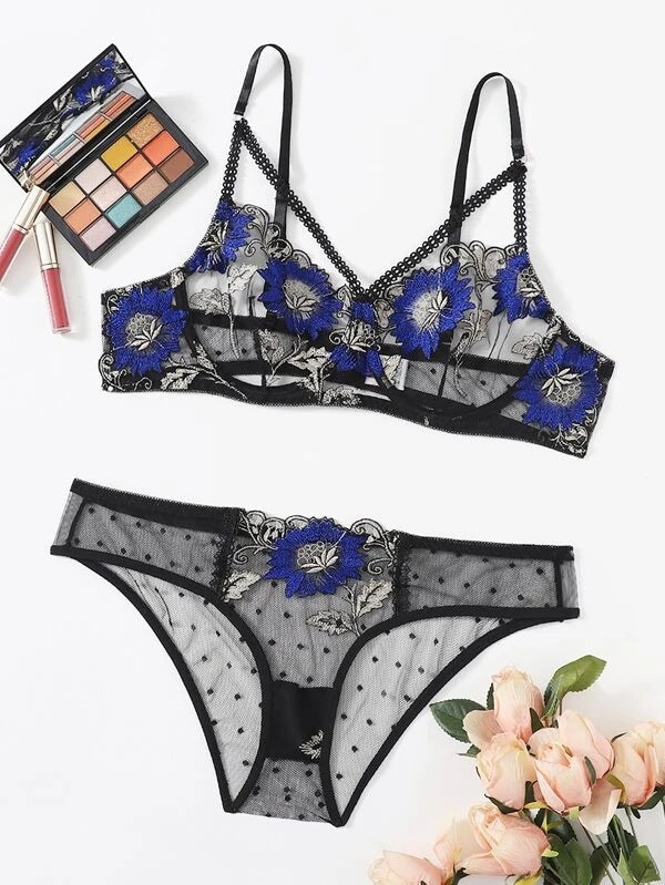 Plus Size Sexy Embroidery Contrast Color Embroidery Sexy Steel Ring Suit