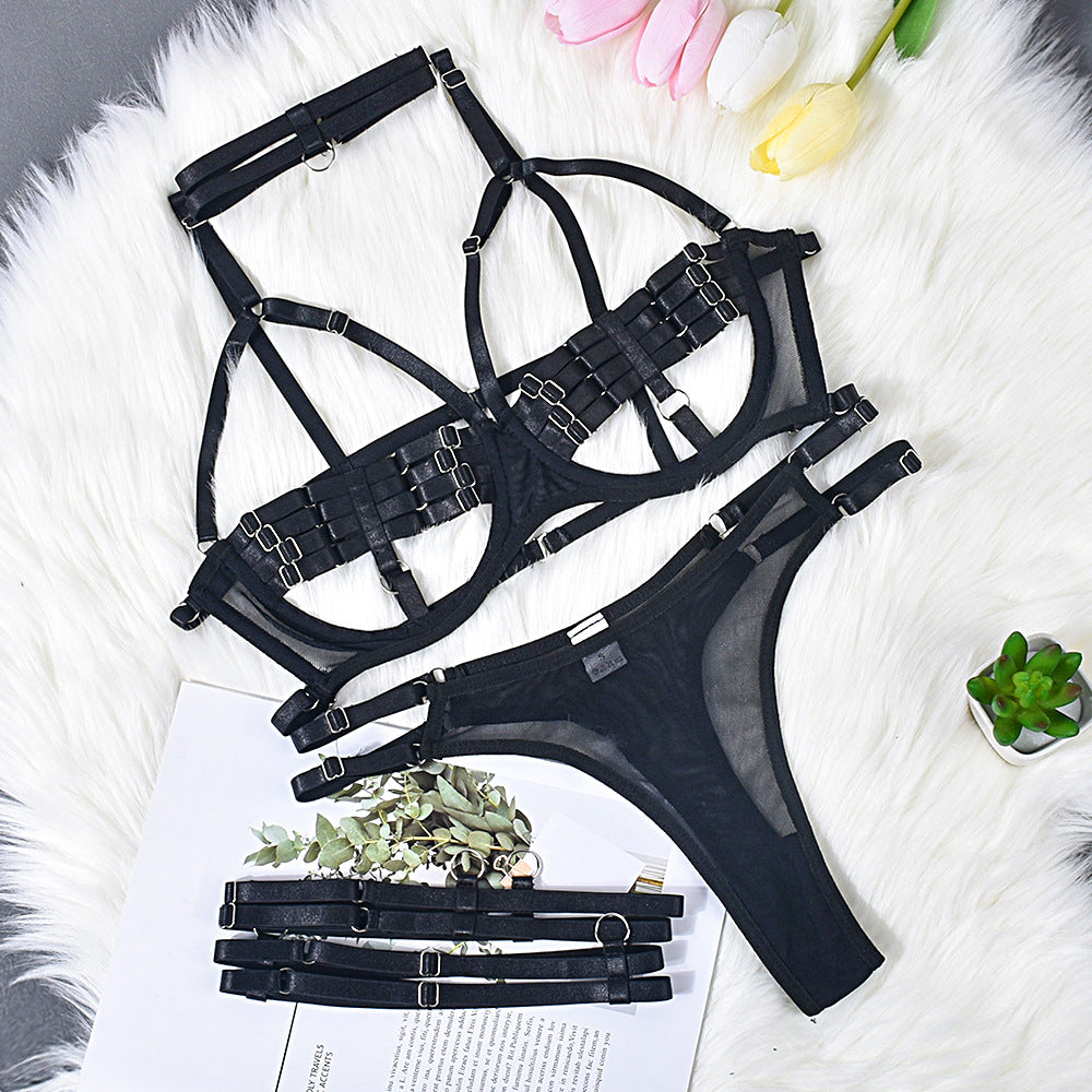 Lingerie Sexy Temptation Complex Shoulder Strap Interwoven Four Piece Suit Steel Ring Sexy Uniform