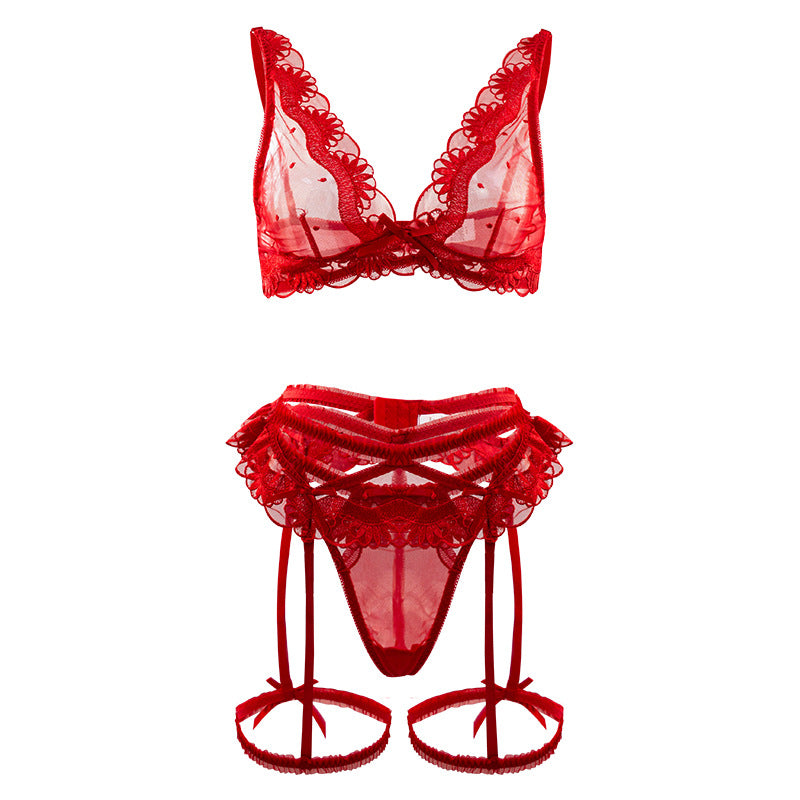 Sexy Lingerie Deep V Plunge Neck Thin Section Traceless Bra Thin Strap T Back Lace See Through Dress Red