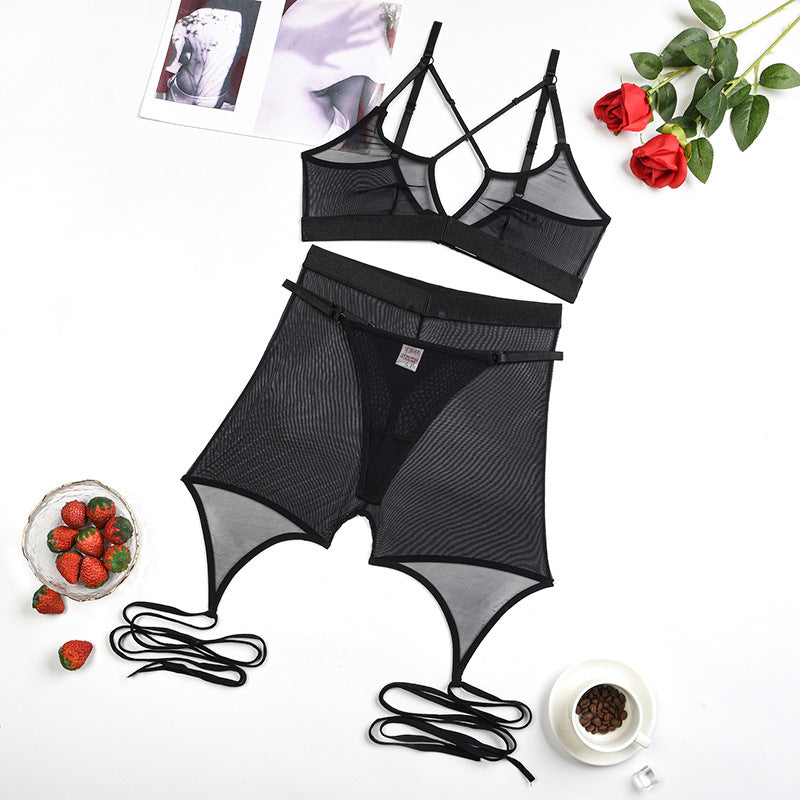 Solid Color Sheer Mesh Cross Sexy Shapewear Three Piece Set