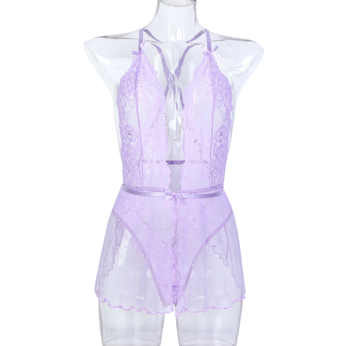 Women Clothing Underwear Sexy Polka Dot Sheer Mesh Lace Crystal Buckle Pure Shu Slip Nightdress
