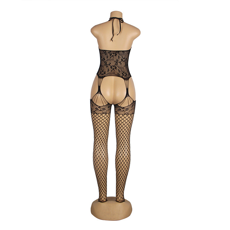 Black Sexy Body Stockings Open Crotch Free Off Women Fishnet Stockings Halter See Through Tight Fishnet Clothes
