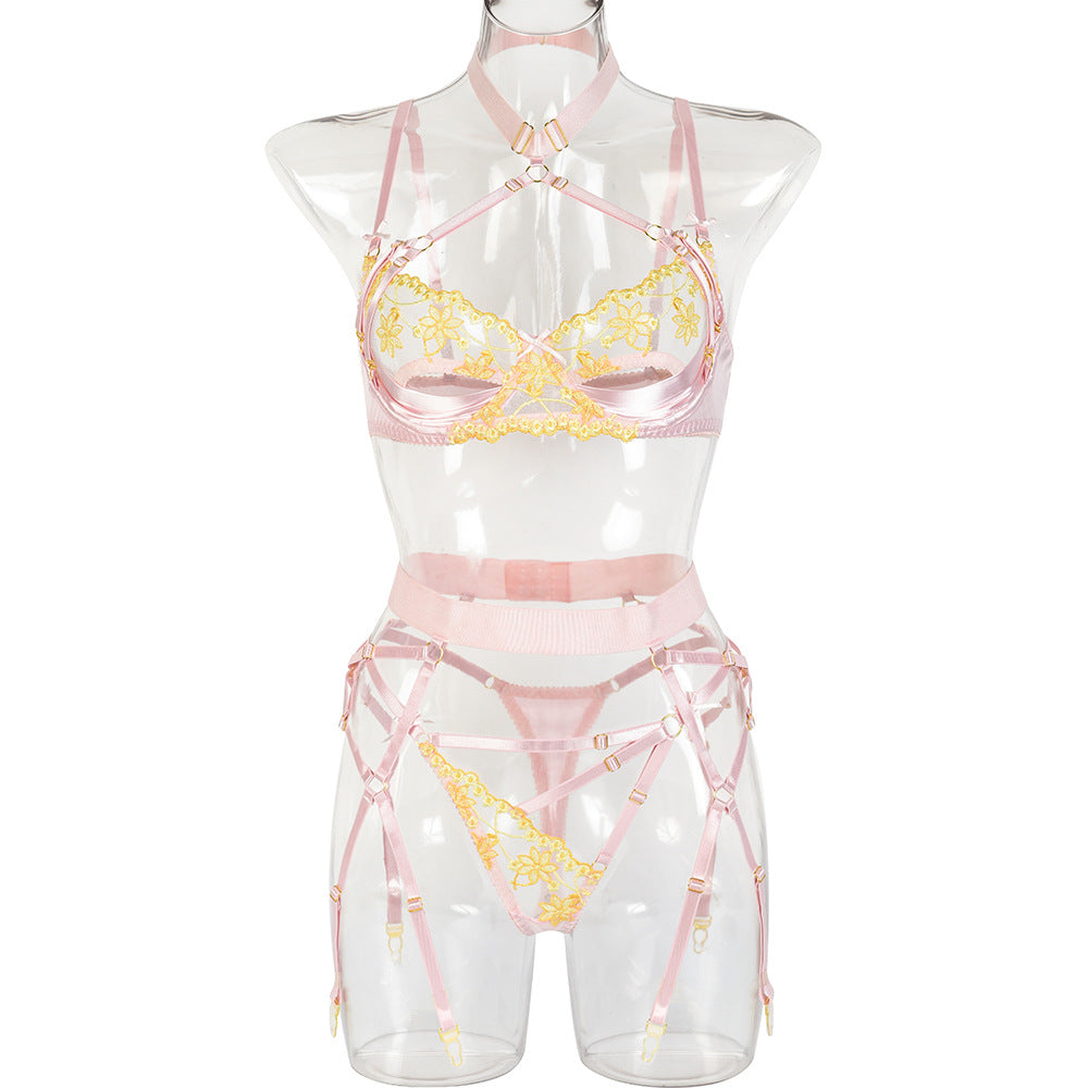 Summer Sexy Four Piece Set High End Satin Embroidery Stitching Complex Heavy Craft Halter Underwear