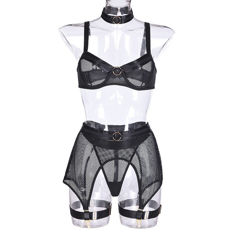 Sexy Mesh Stitching Four-Piece Underwear with Halter Waist Seal