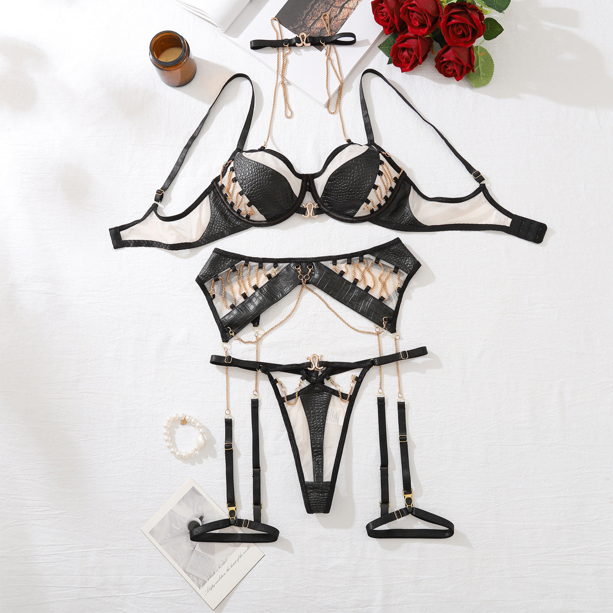 Metal Chain Motorcycle Paint Leather Clothes Sexy Underwear Stitching Complex Craft Sexy Five Piece Set