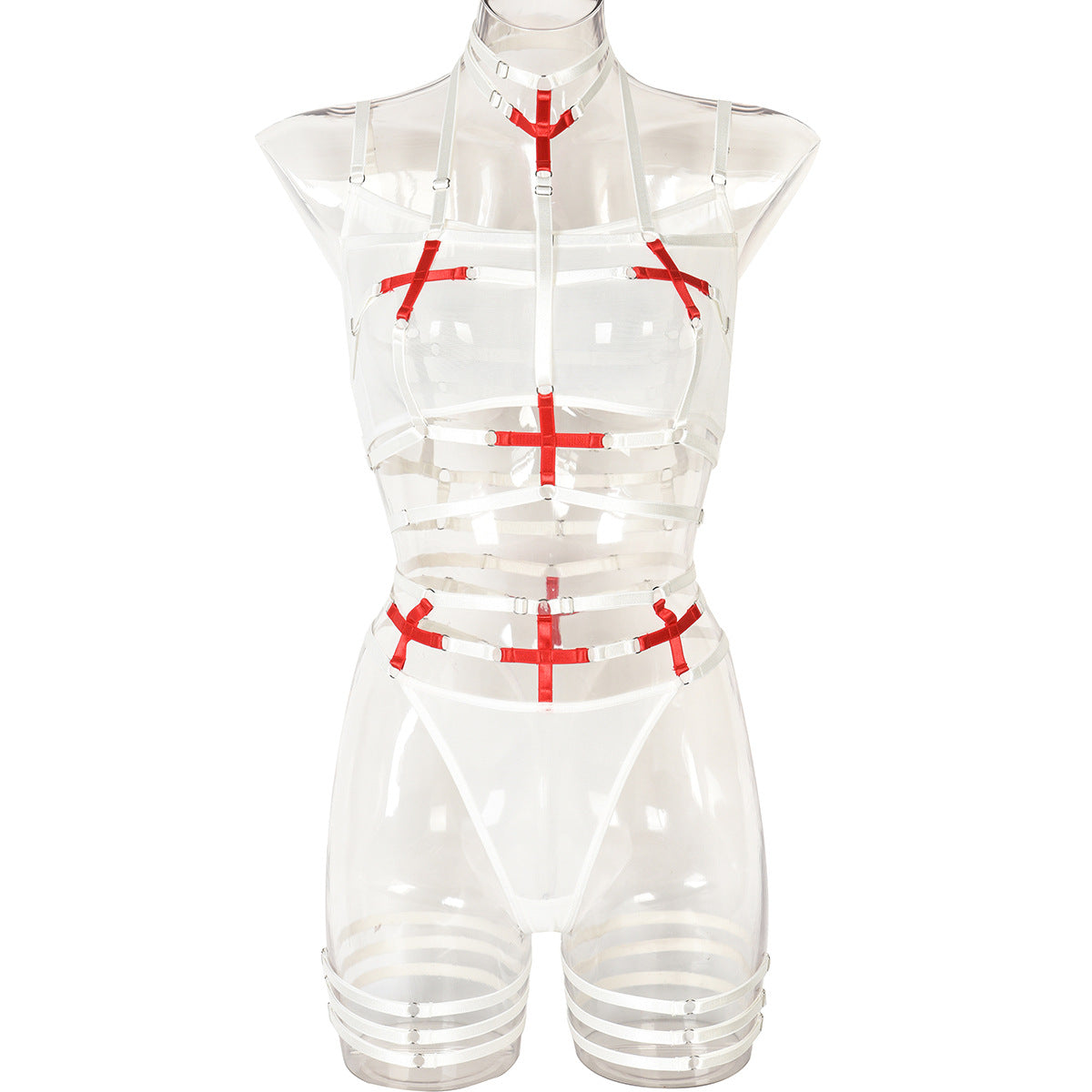 Women Clothing Complex Lace up Cross Halter Sexy Mesh See through Underwear Three Piece Set