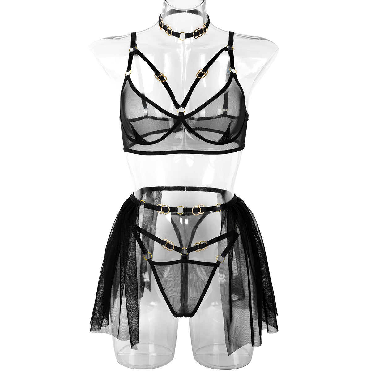 Red Valentine Day Perspective Sexy Lingerie Personality Metal Ring Buckle Mesh Cute Girl Piece Set