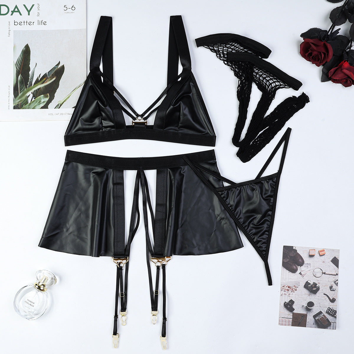 Stockings Black Faux Leather Metal Hollow Out Cutout Sexy Underwear Dark Motorcycle Women Three Or Four Piece Suit Women