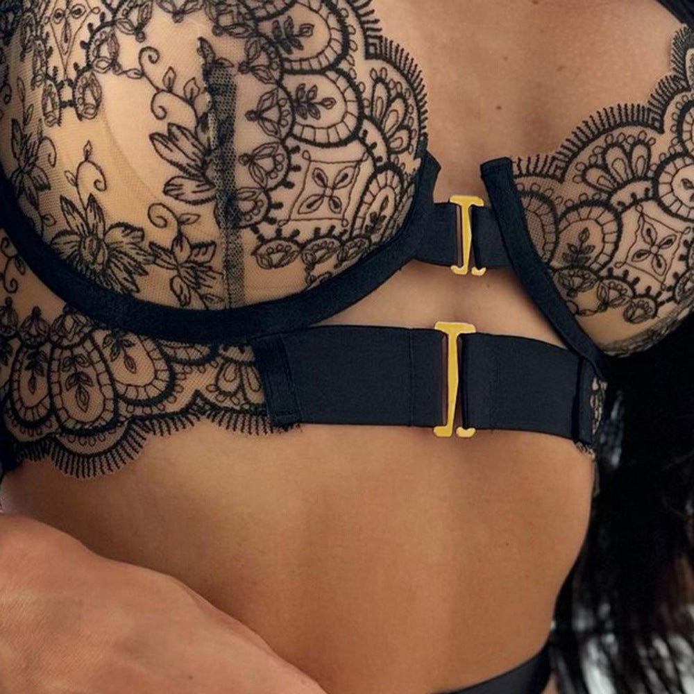 Embroidery High Quality Heavy Industry Sexy Lingerie Embroidery Eyelash Lace See-through Sexy Three Piece Set