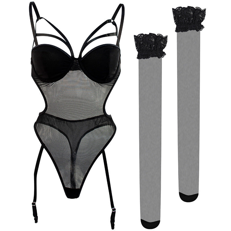 Summer Sexy Lingerie Jumpsuit Fishnet Clothes Hollow Out Cutout Shapewear Women Small Chest Push up Sexy Bra
