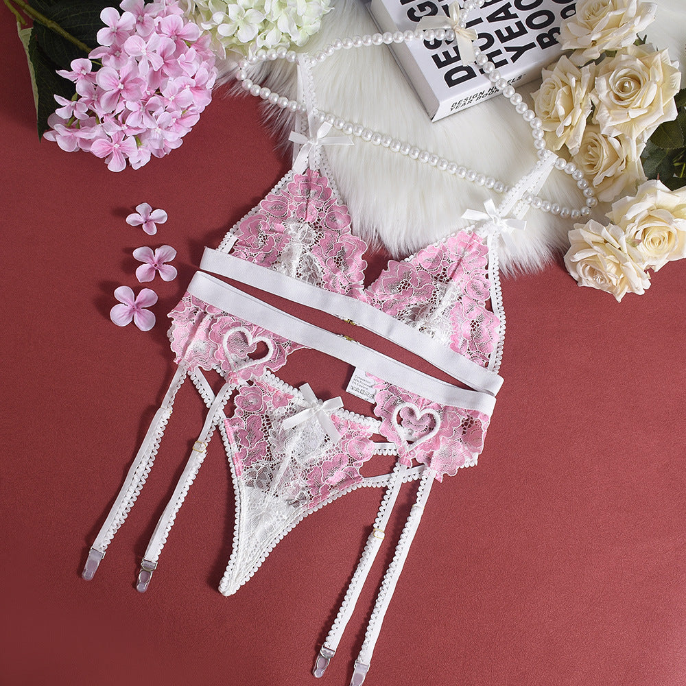 Lace Mesh Embroidered Floral Cutout Backless Sexy Underwear Three Piece Suit