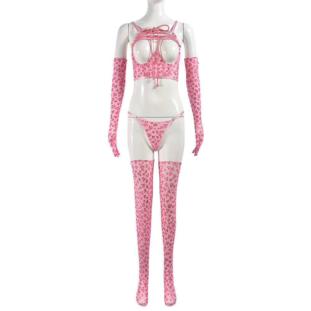 Sexy Underwear Pink Leopard Sexy Cutout Socks Rope With Gloves