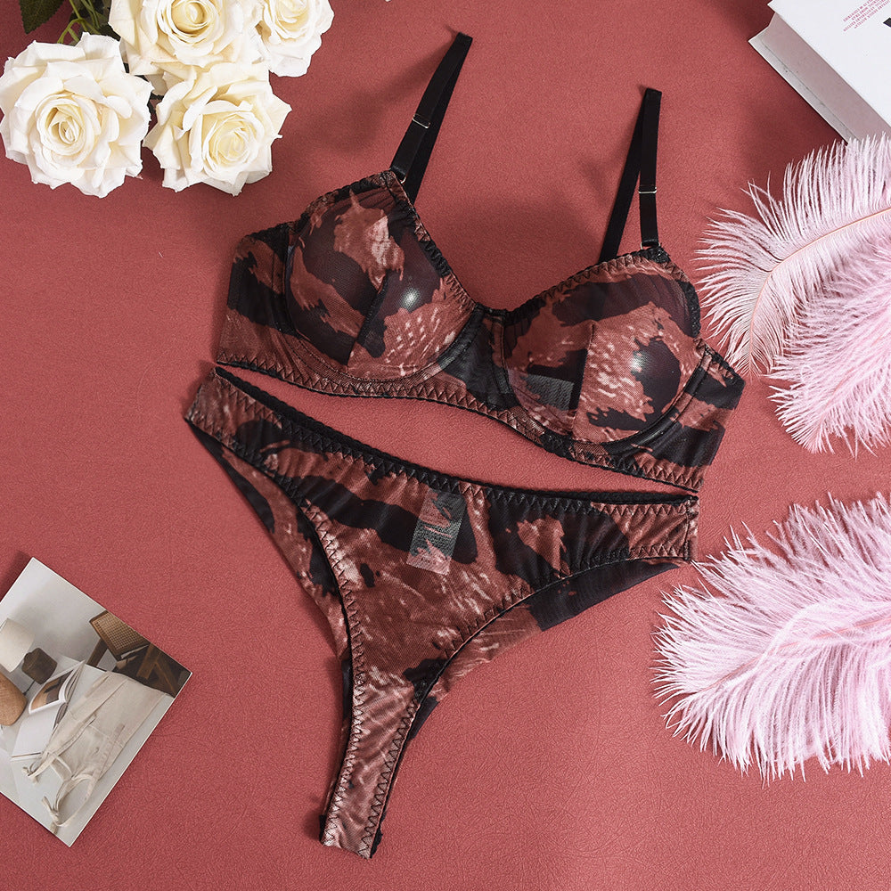 Leopard Print Beauty Back Underwear Sexy Bra Push up Mesh See through Two Piece Set