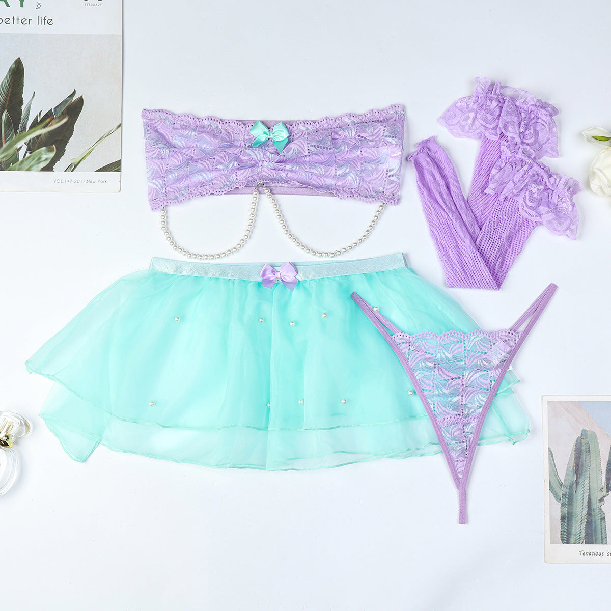 Color Contrast Patchwork Colored Mesh Staring Beads Pettiskirt Wrapped Chest Pearl Bow Sexy Underwear Four Piece Set Women