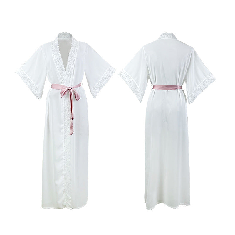 Chemise de nuit Sexy en mousseline de soie, peignoir Long, pyjama pour femmes, manches longues, dentelle, couture en Satin, vêtements de maison