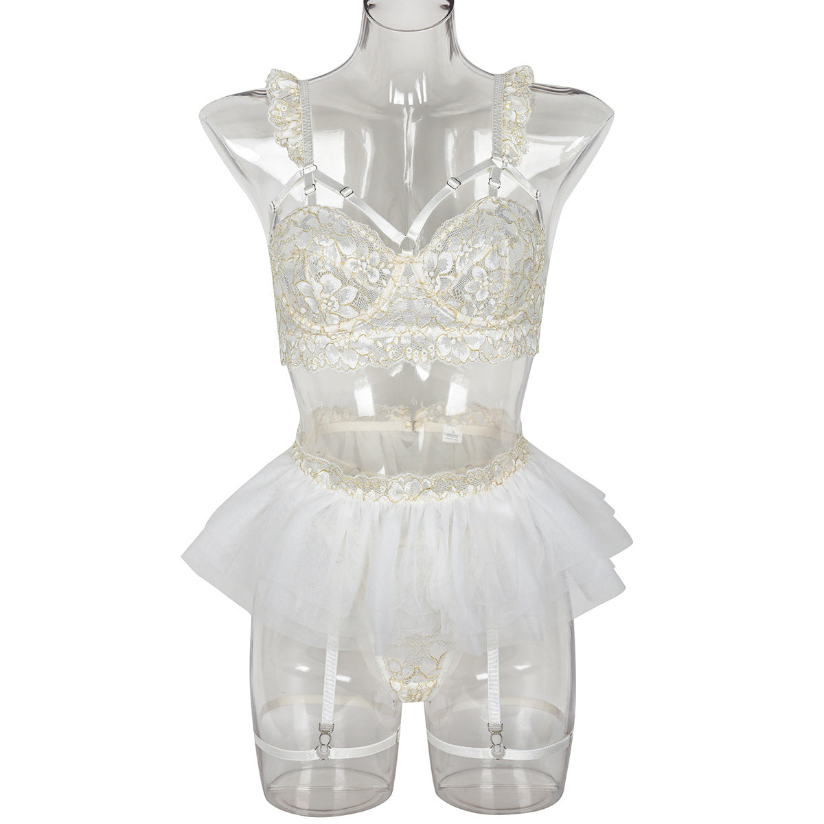White Wedding Lace Stitching Suit Three Layer Folding Puffy Three Dimensional Mesh Three Piece Set