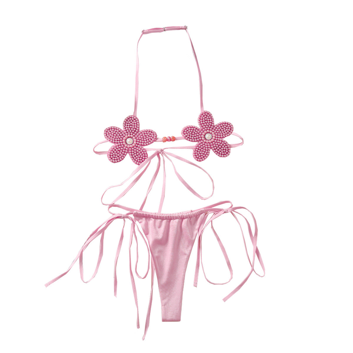 Three Dimensional Cute Floral Girl Sexy Halter Sexy Lace up Backless Bra Underwear Two Piece Set