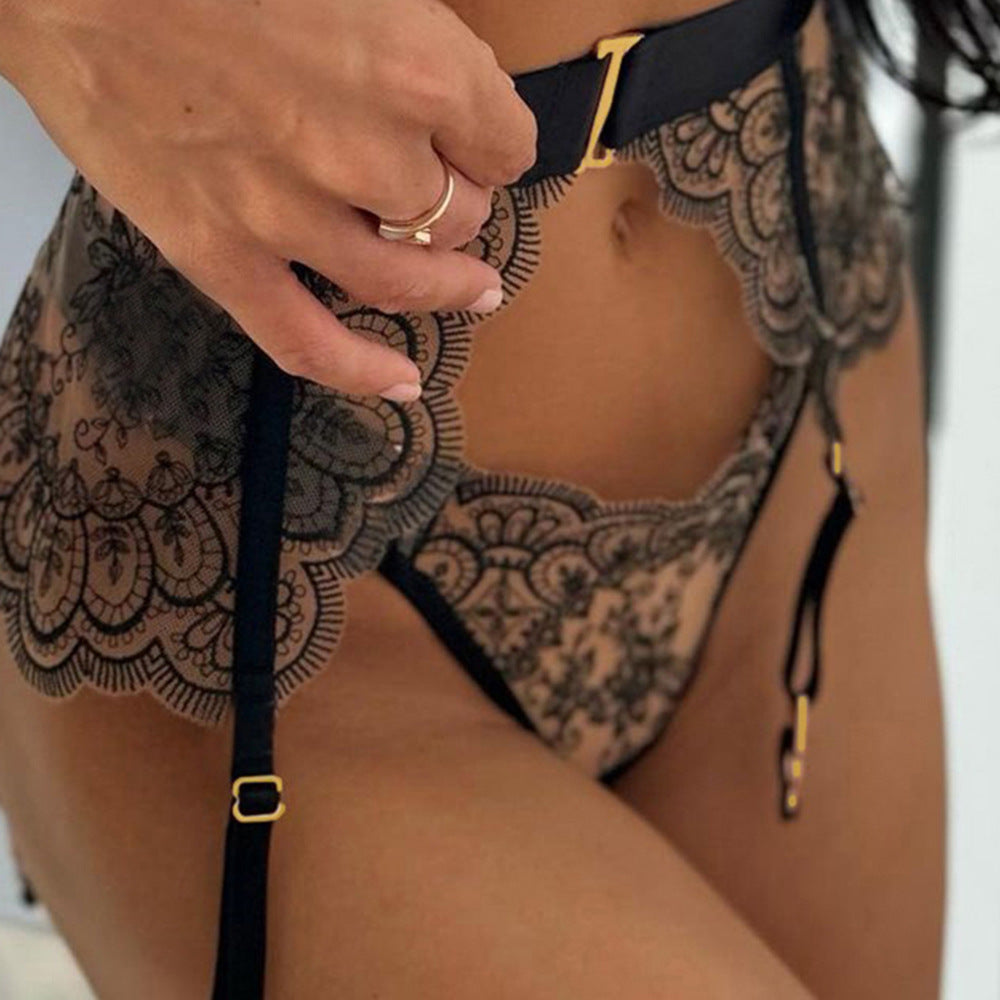 Embroidery High Quality Heavy Industry Sexy Lingerie Embroidery Eyelash Lace See-through Sexy Three Piece Set