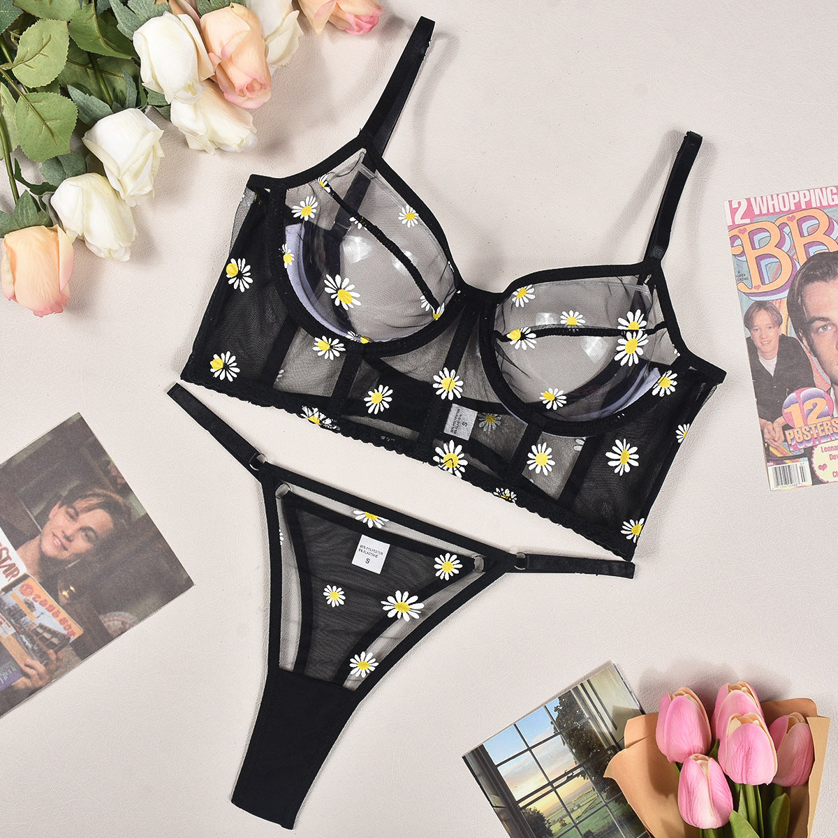 Mesh Printed Ultra Thin See through Plastic Bones Way Backless Bra T Back Sexy Lingerie Set
