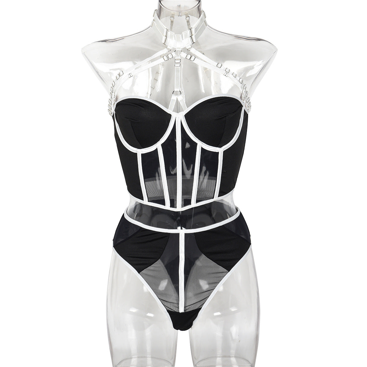 Sexy Suit Mesh Strap Stitching Complex Heavy Craft Metal Halter