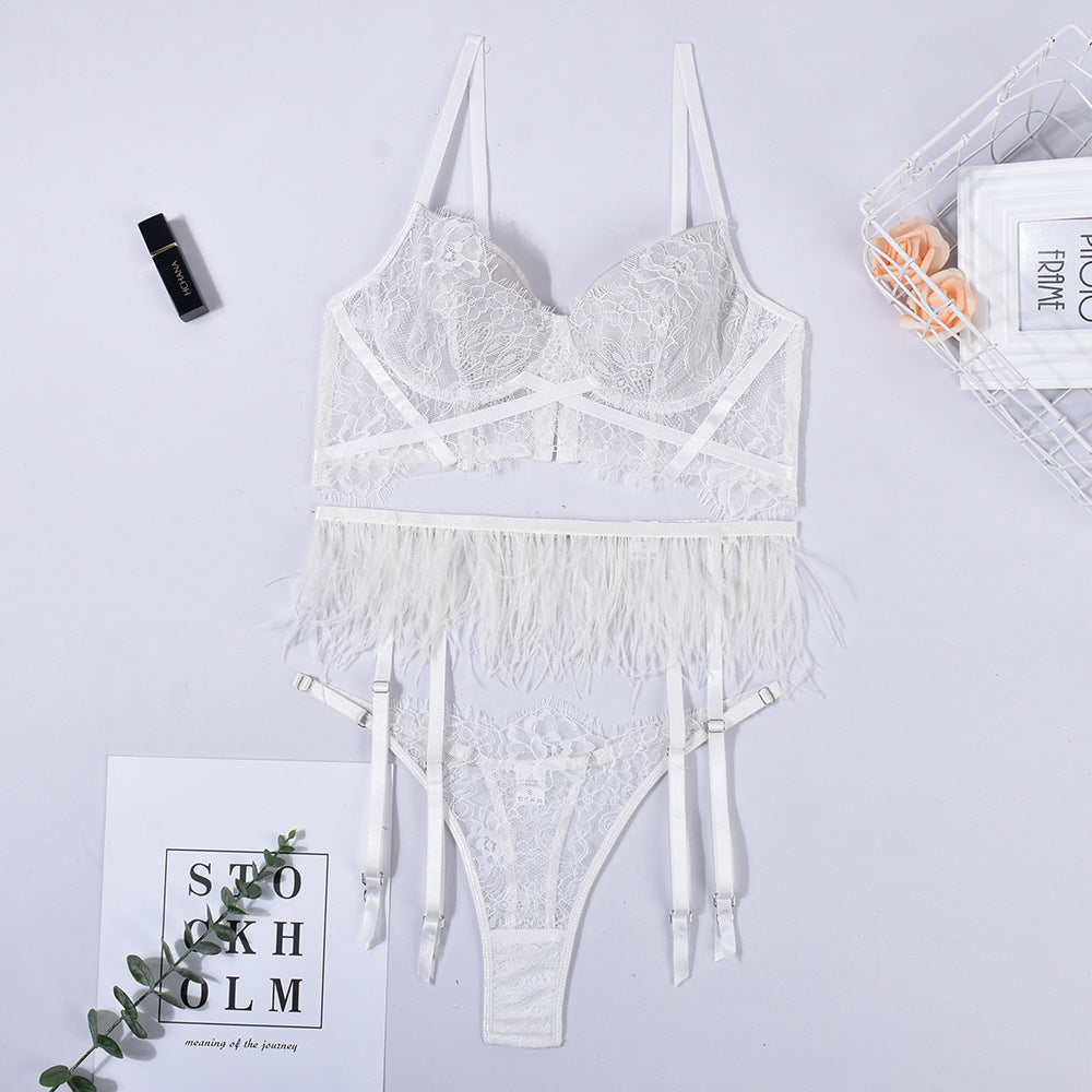 Lingerie Sexy Lace Temptation with Feather Decorative Sexy Lingerie Three Pieces Without Coat