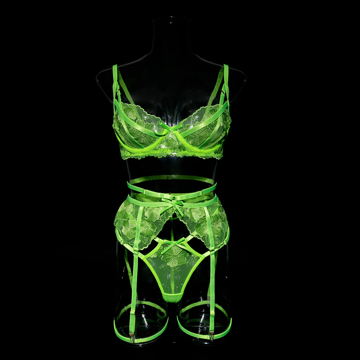 Vêtements pour femmes, couleur fluorescente, broderie pour filles, sous-vêtements Sexy, ensemble trois ou quatre pièces