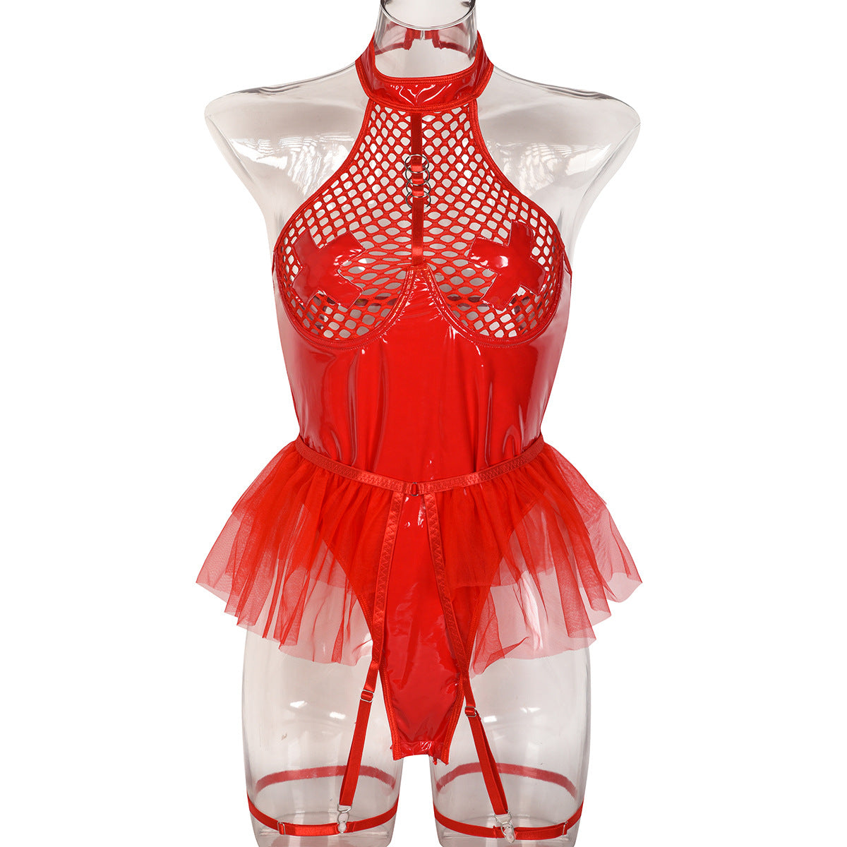 Sexy Faux Cuir Verni Grande Maille Joint Croisé Sous-Vêtements Licol Maille Bulle Jupe Combinaison Détachable