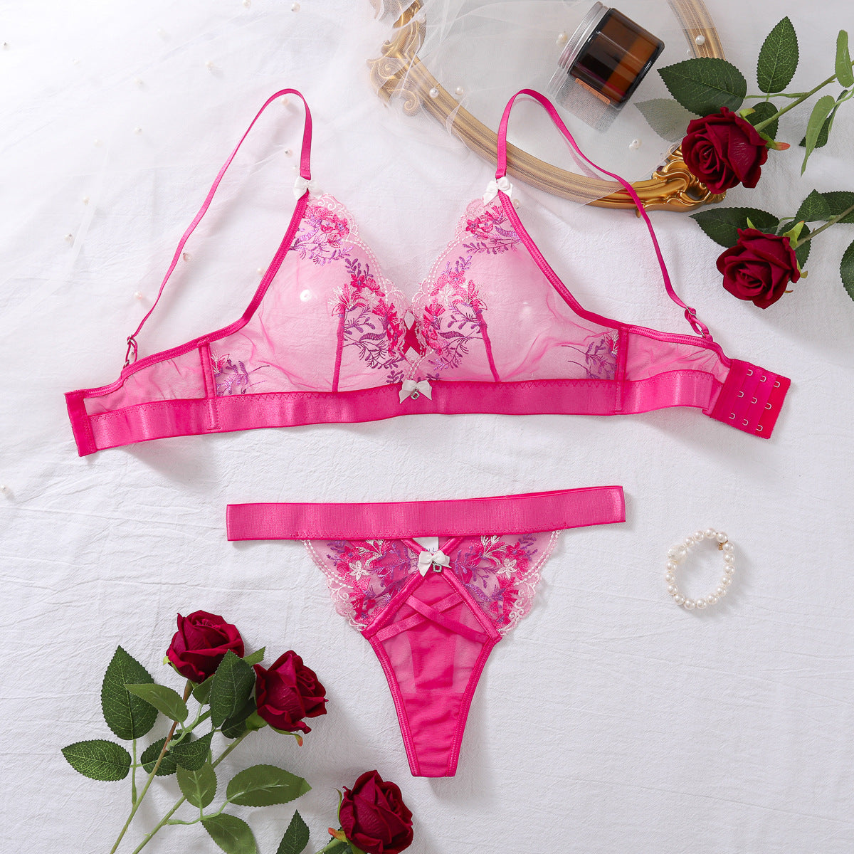 See Through Bra Panties Set Bow Floral Embroidery Splicing Mesh Sexy Underwear Two Piece