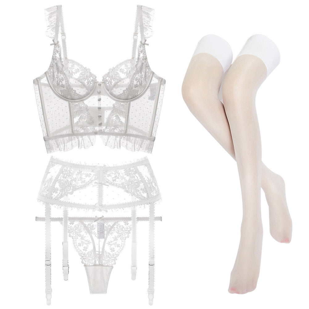 Lace Embroidery No Mold Cup Vest Bra Girl Sexy Four Piece Set