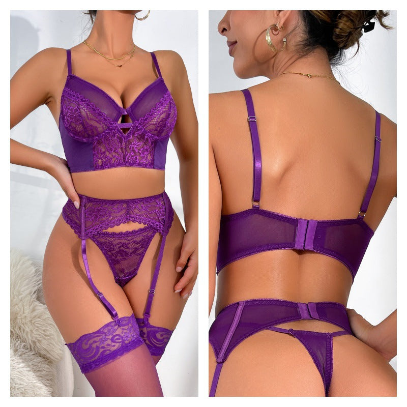 Lace Lace Cutout Gathering Bra See through Dress Sexy Lingerie Four Piece Set Split Suit