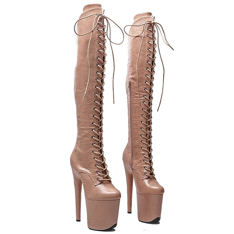 20CM/8inches Snake PU Upper Pole Dancing Shoes Fahion High Heel Platform Lace up Thigh High Boots Pole Dance Boots