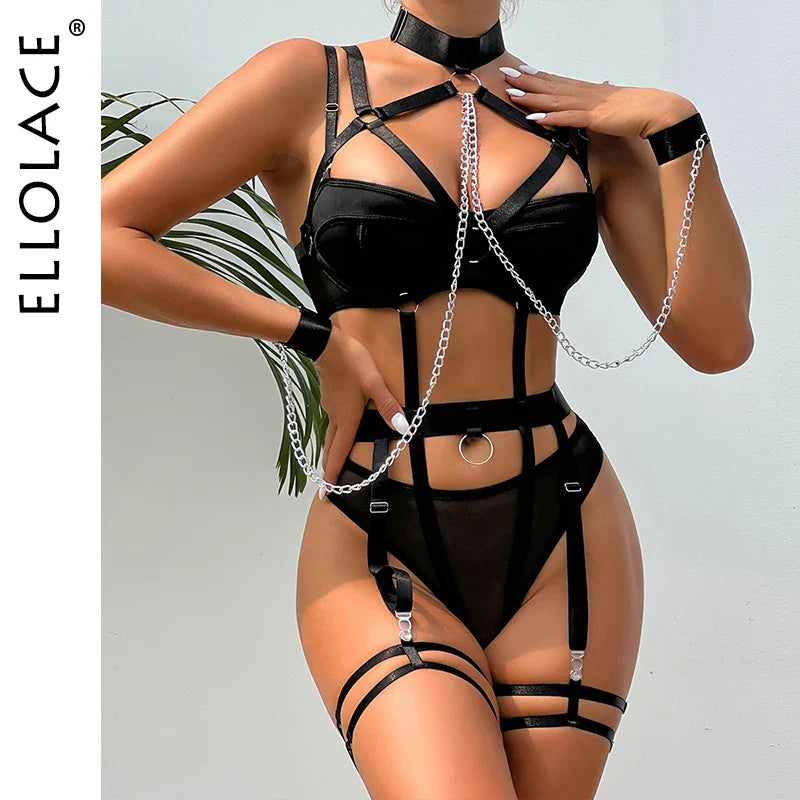 Ellolace Bondage Bandage Bodysuit Halter Sexy Porn Women Body With Chain Hollow Uncensored Erotic Costumes Fetish Sissy Teddy