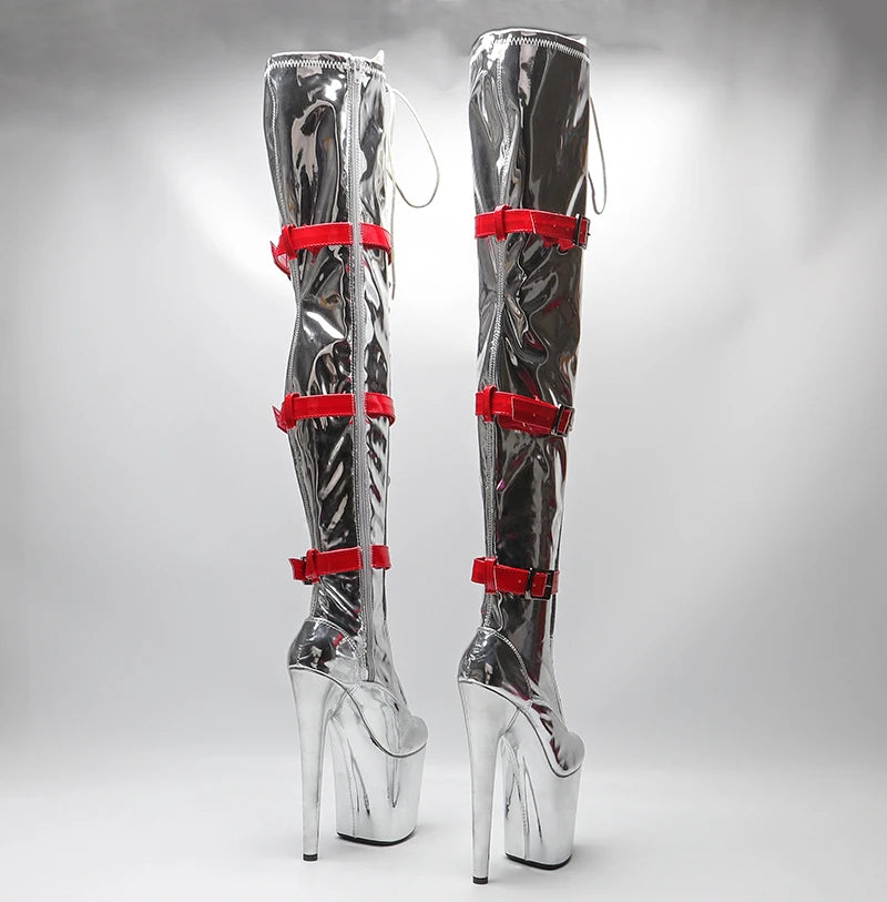 20CM/8inches Women New Extreme High Heel Lap Dancing Stripper Shoes Platform belt buckle thigh high boots 5B