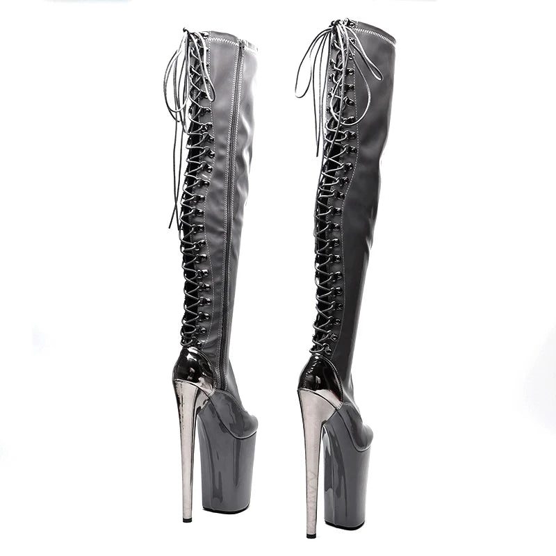 23CM/9inches patenr leather Knee High Boots For Women Chunky Platform y High Boots Party Shoes Ladies 5B