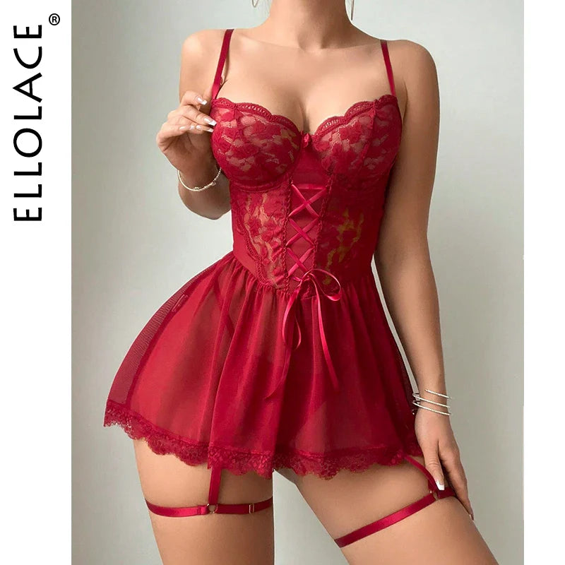 Ellolace Fetish Lace Sexy Dress See Through Babydoll Fancy Embroidery Sleepwear Sissy Fantasy Clothing Call Of The Night Thongs