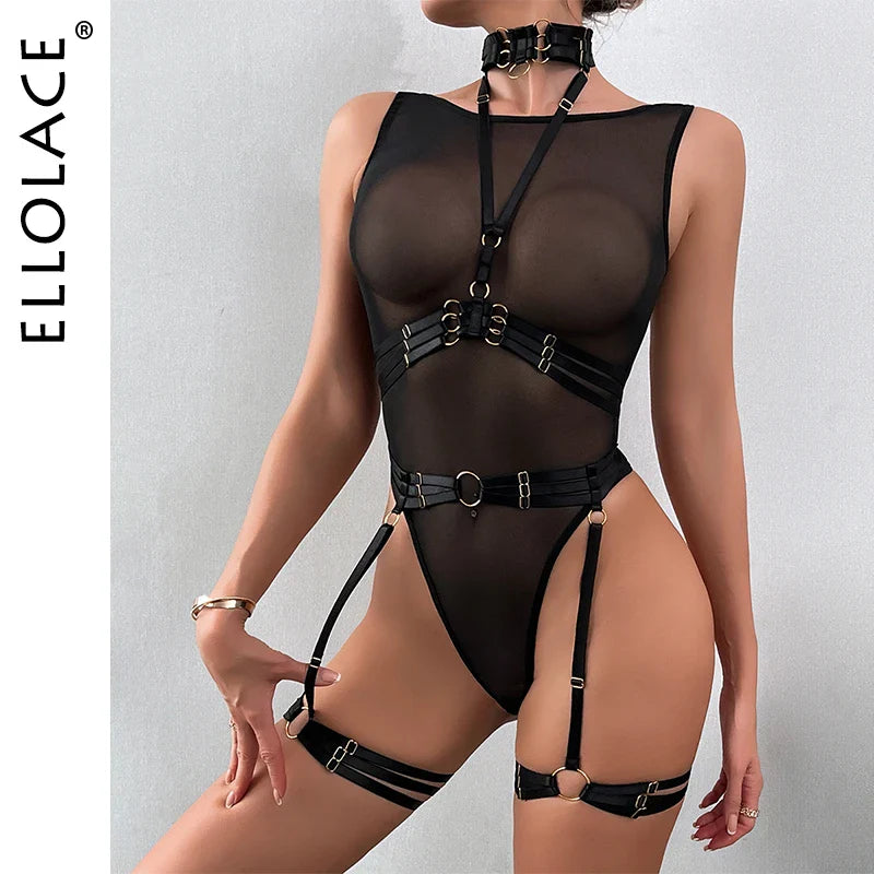 Ellolace Erotic Porn Lingerie Bodysuit Transparent Mesh Body With Garter See Through Crotchless Sex Suit Open Crotch Costume