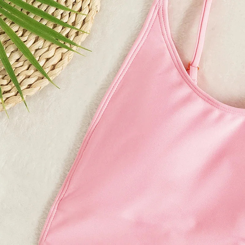 Backless Thongs Swimsuit y One Piece Monokini Brazilian Bathing Suit High Leg Bikinis Beachwear Light Pink Body