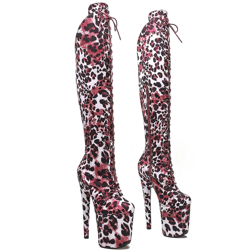 20CM/8inches Leopard upper fashion Knee High Boots For Women Chunky Platform High Boots Party Shoes Ladies 5B