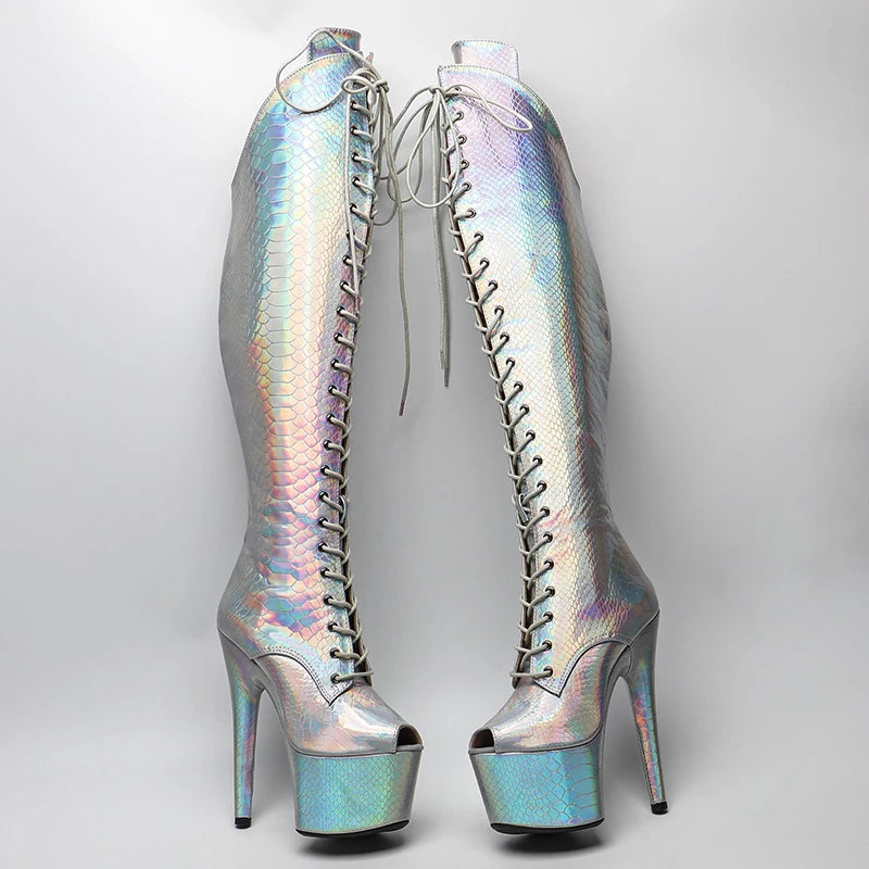 17CM/7inches holography Snake Upper Small Open toe Pole dancing shoes High Heel platform Pole Dance boot
