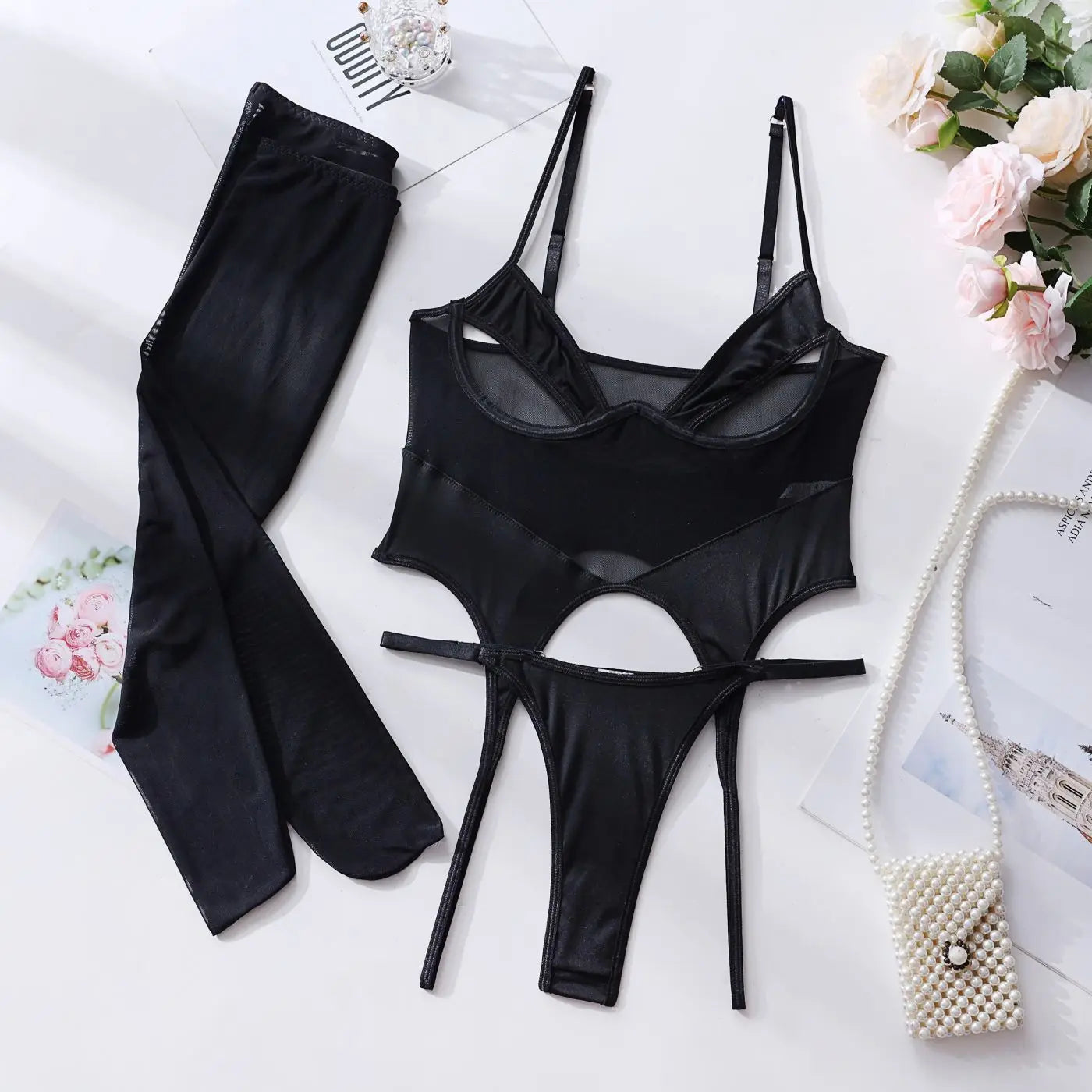 Lingerie With Stocking Cut Out Bra Fantasy Obsessive Underwear Brazilian Intimate Set Costume 3-Piece