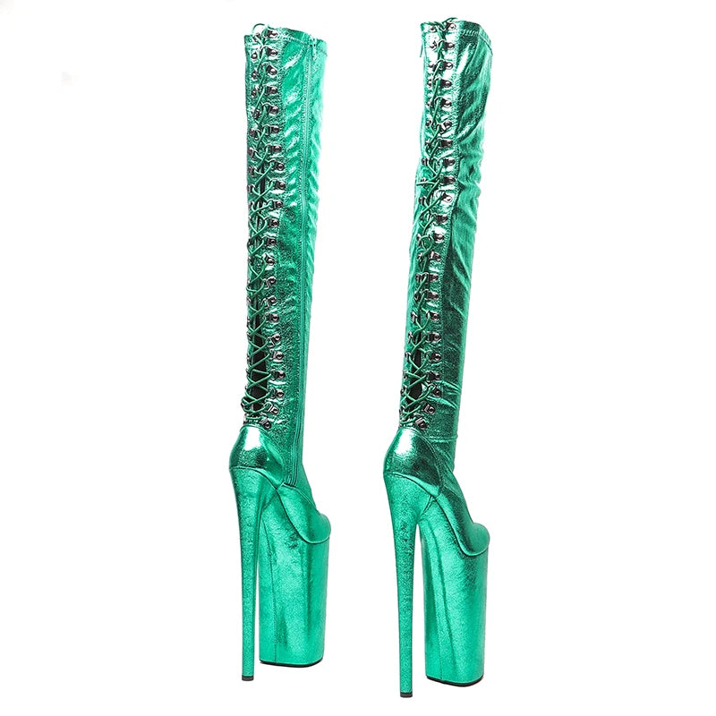 26CM/10inches Patent Upper Women Fashion High Heels Platform Closed Toe Lace Up And Thigh High Boots Pole Dance Boots