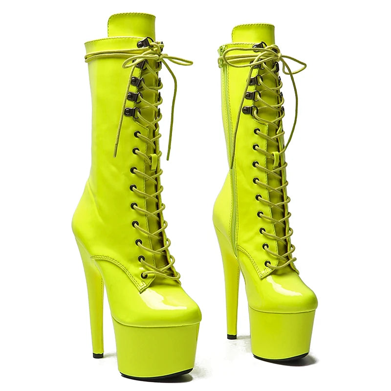 17CM/7inches Patent PU Material High Heel Platform Mid Calf Boot Pole Dance Boot
