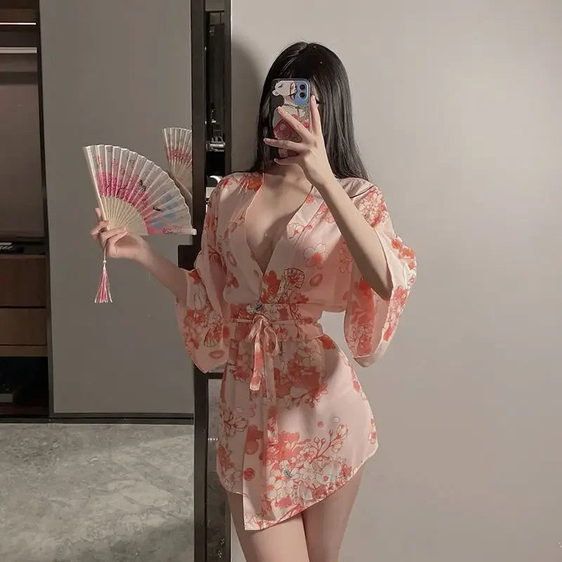 Women Sexy Lingerie Cosplay Pink Kimono Set Plus Size Women Underwear Japan Short Dress Lace Skirt Open Sleepwear Mini Dress
