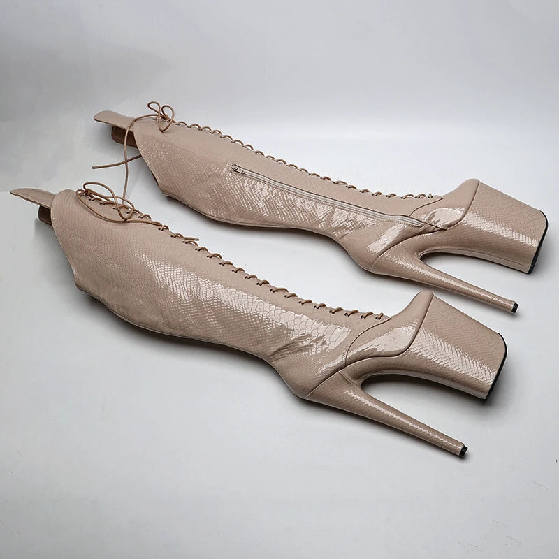 23CM/9inches Snake Upper Women Fashion High Heel Platform Lace Up And Closed Toe Thigh High Boots Pole Dance Boot