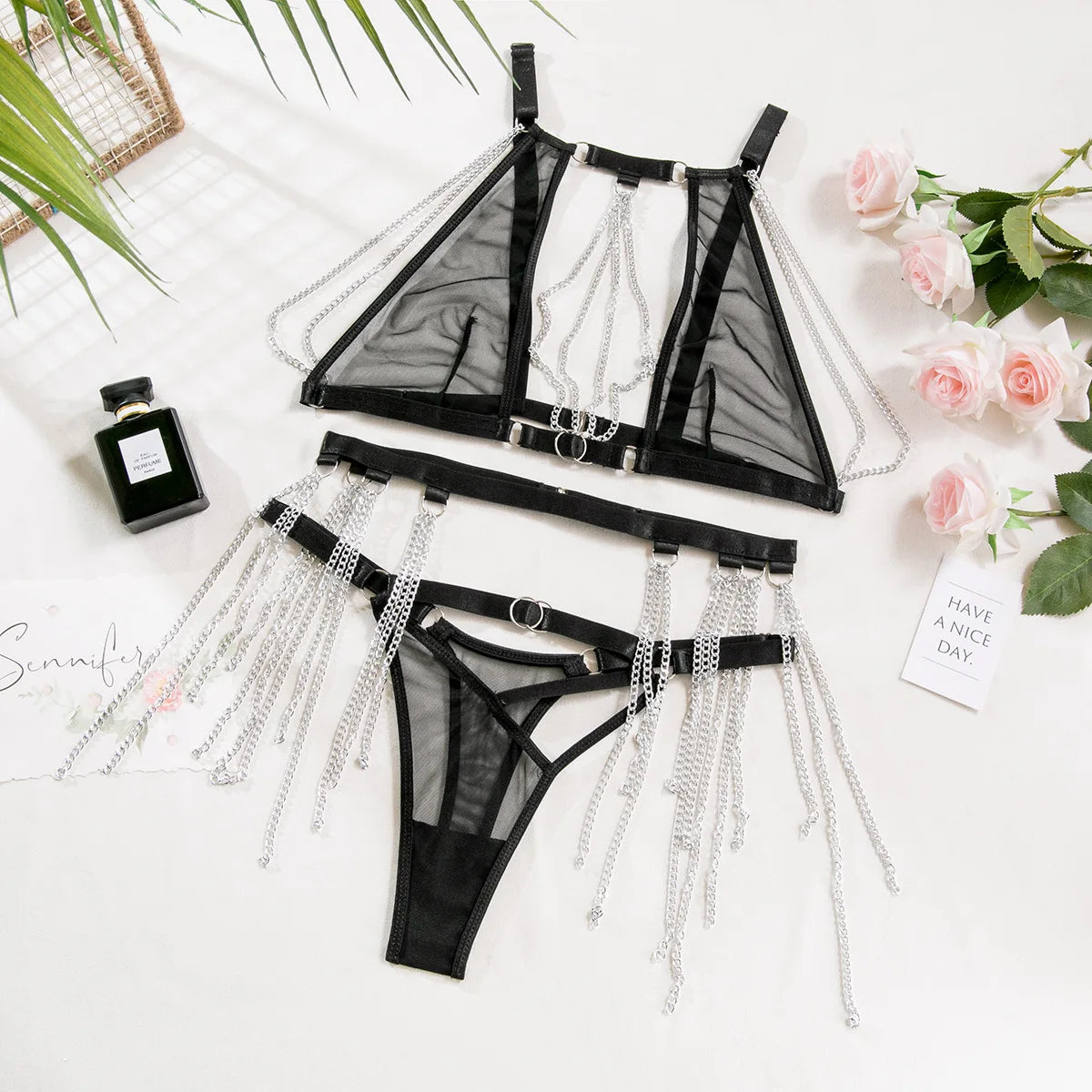 Tassel Lingerie Sensual Transparent Tulle Underwear Uncensored Seamless Outfit 3-Piece Fantasy Lace Intimate