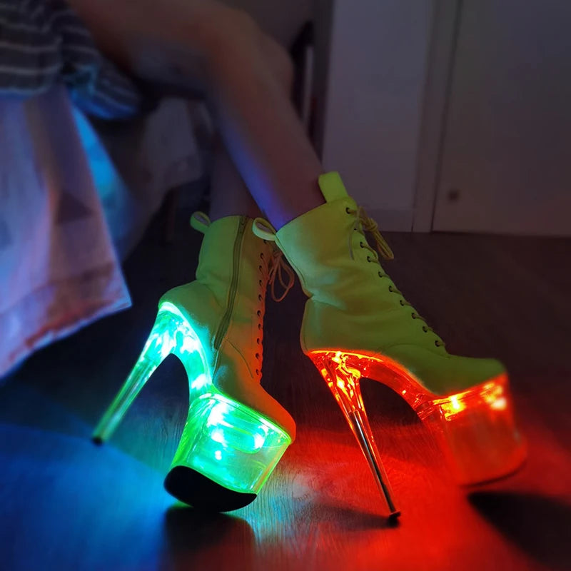 20CM/8Inch lady LED Light Up Shoes Glowing platform boots Catwalk Shoes Round Toe Heels Stripper Pole Dance boot 3L